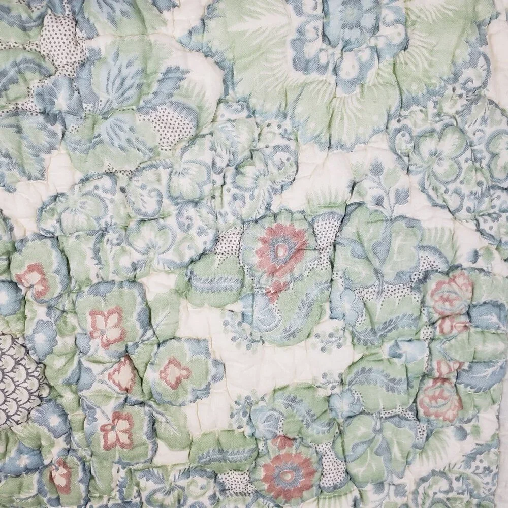 Pottery Barn Standard Pillow Cover Sham Pastel Floral Popcorn Quilted Blue Green